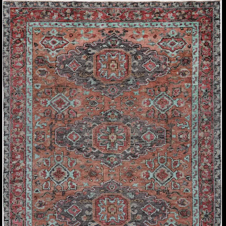 2' X 3' Red Orange And Blue Wool Floral Hand Knotted Distressed Stain Resistant Area Rug With Fringe