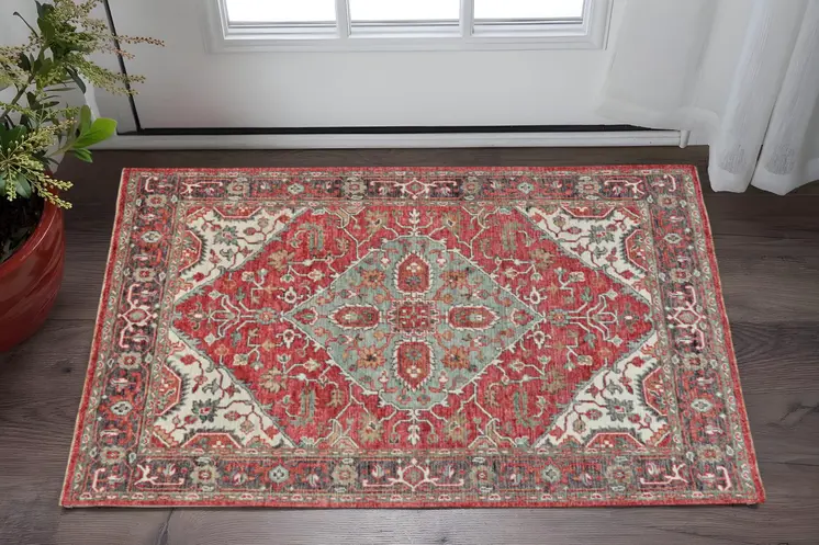 2' X 3' Red Gray And Ivory Wool Floral Hand Knotted Distressed Stain Resistant Area Rug With Fringe