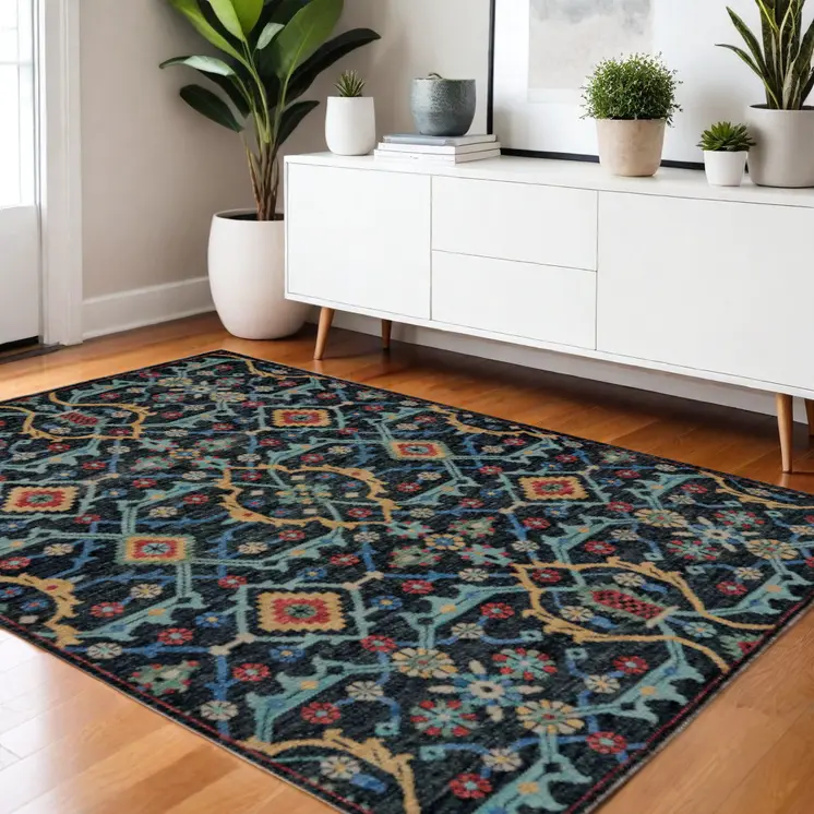 4' X 6' Black Blue and Orange Wool Tribal Hand Knotted Distressed Area Rug With Fringe