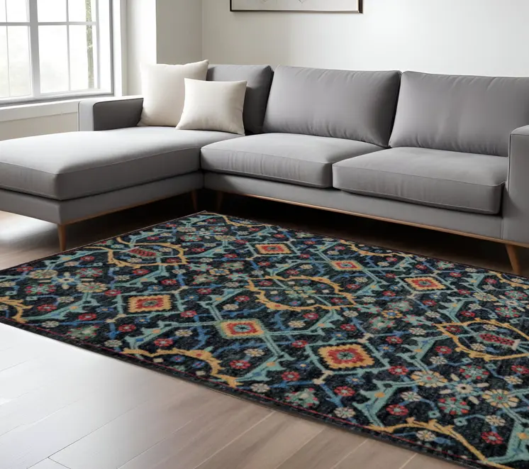 10' X 13' Blue Yellow And Red Wool Floral Hand Knotted Distressed Stain Resistant Area Rug With Fringe