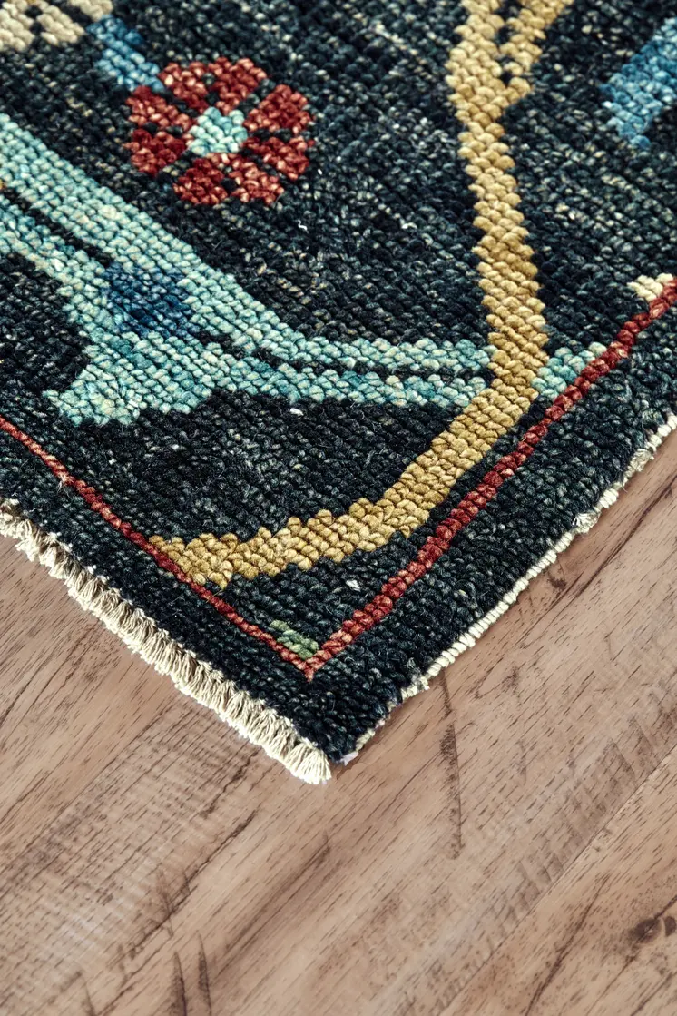 2' X 3' Blue Yellow And Red Wool Floral Hand Knotted Distressed Stain Resistant Area Rug With Fringe