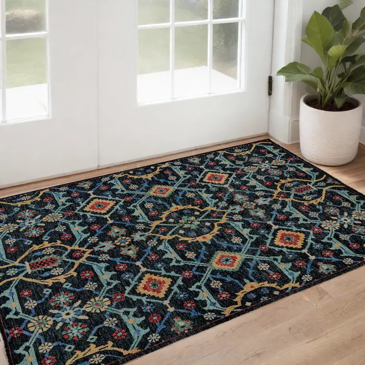 2' X 3' Blue Yellow And Red Wool Floral Hand Knotted Distressed Stain Resistant Area Rug With Fringe