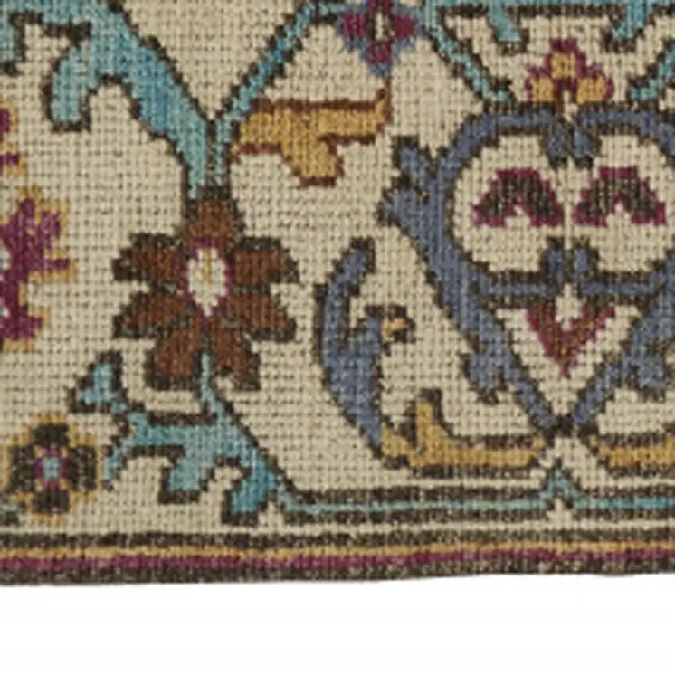 4' X 6' Ivory and Blue Wool Floral Hand Knotted Distressed Area Rug With Fringe