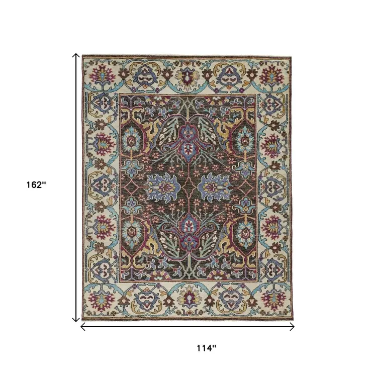 10' X 13' Ivory Brown And Blue Wool Floral Hand Knotted Distressed Stain Resistant Area Rug With Fringe