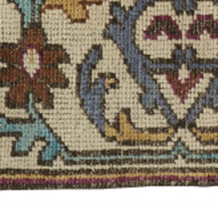 10' X 13' Ivory Brown And Blue Wool Floral Hand Knotted Distressed Stain Resistant Area Rug With Fringe