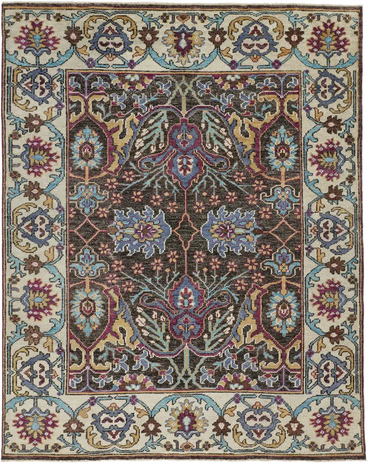 10' X 13' Ivory Brown And Blue Wool Floral Hand Knotted Distressed Stain Resistant Area Rug With Fringe