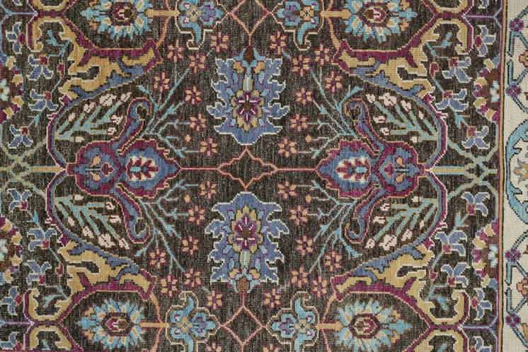 2' X 3' Ivory and Blue Wool Floral Hand Knotted Distressed Area Rug With Fringe
