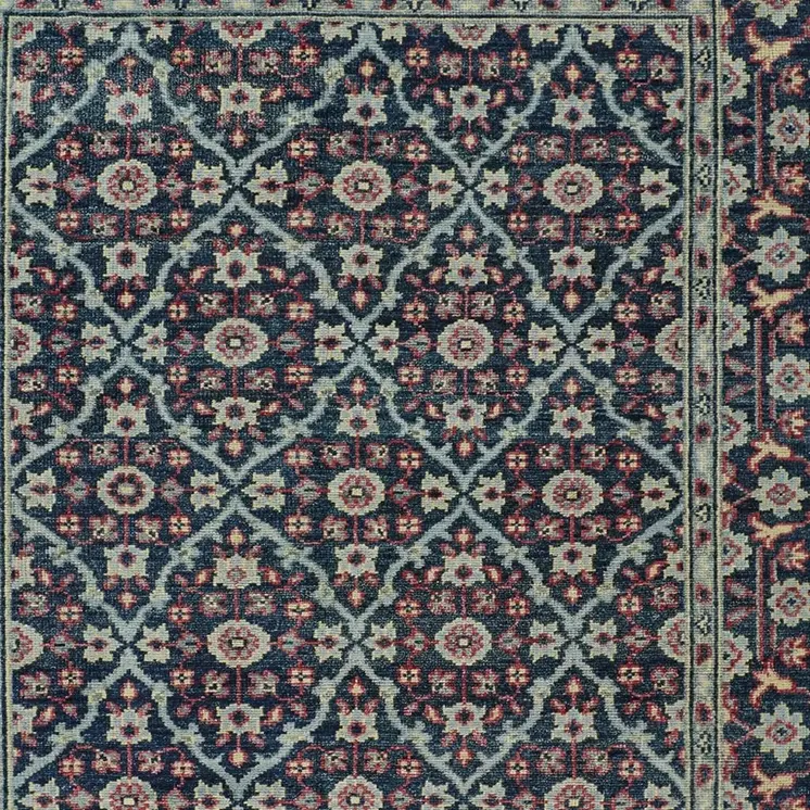 5' X 8' Blue Green And Red Wool Floral Hand Knotted Distressed Stain Resistant Area Rug With Fringe