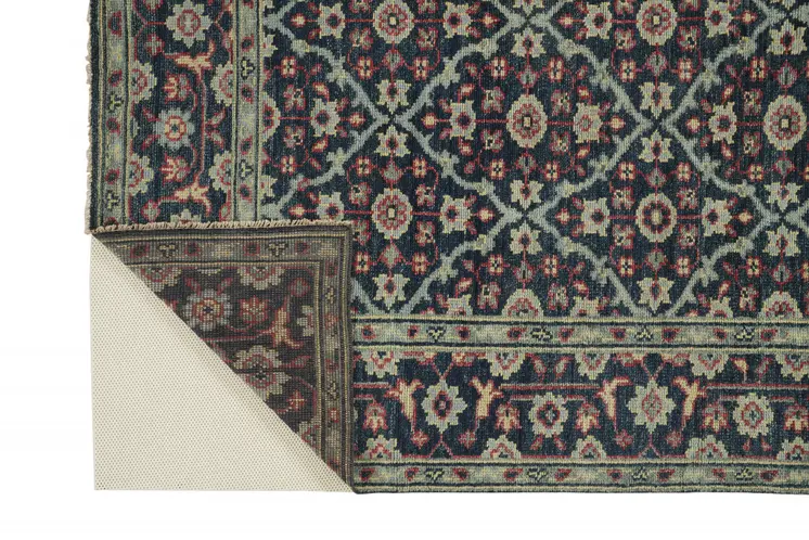 5' X 8' Blue Green And Red Wool Floral Hand Knotted Distressed Stain Resistant Area Rug With Fringe