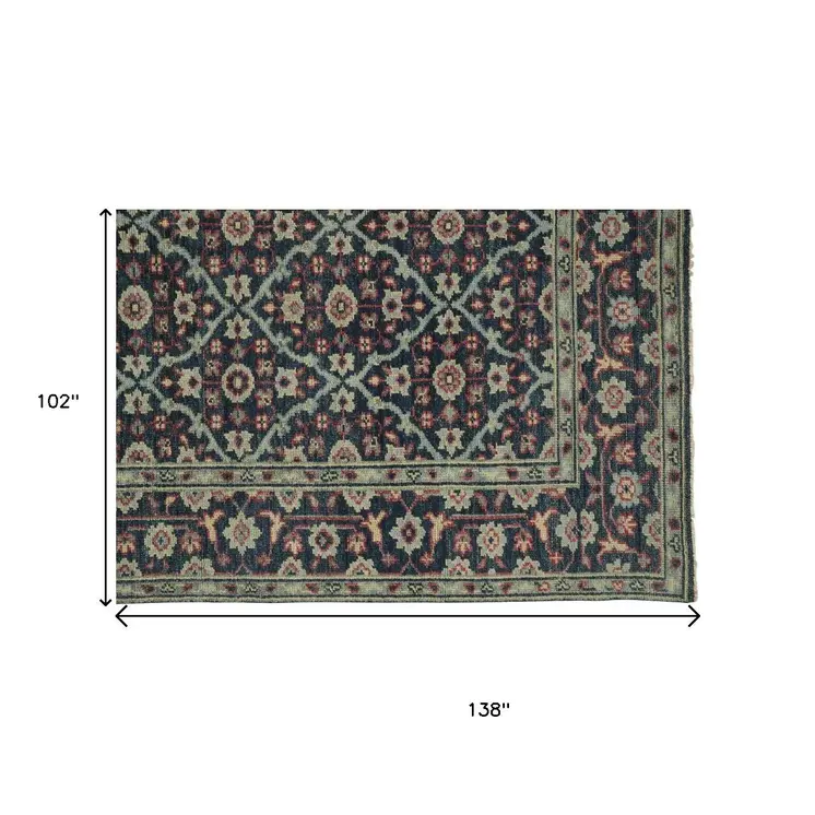 9' X 12' Blue Green And Red Wool Floral Hand Knotted Distressed Stain Resistant Area Rug With Fringe