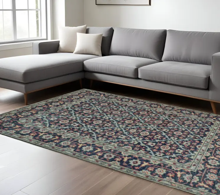 9' X 12' Blue Green And Red Wool Floral Hand Knotted Distressed Stain Resistant Area Rug With Fringe