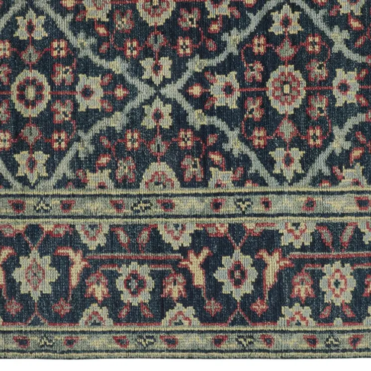 9' X 12' Blue Green And Red Wool Floral Hand Knotted Distressed Stain Resistant Area Rug With Fringe
