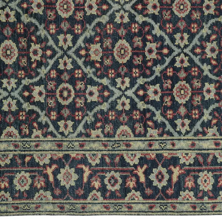 9' X 12' Blue Green And Red Wool Floral Hand Knotted Distressed Stain Resistant Area Rug With Fringe