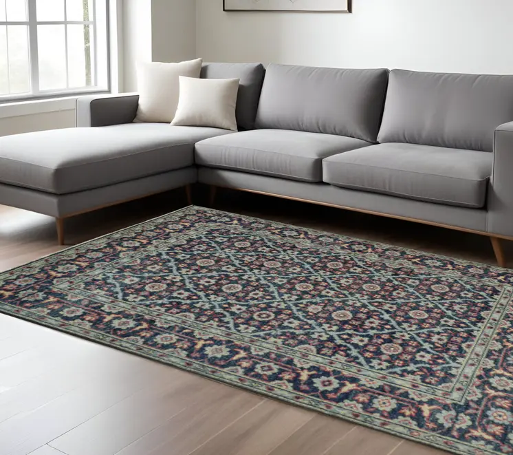 10' X 13' Blue Green And Red Wool Floral Hand Knotted Distressed Stain Resistant Area Rug With Fringe