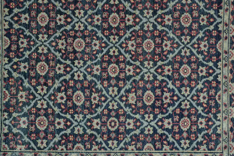 10' X 13' Blue Green And Red Wool Floral Hand Knotted Distressed Stain Resistant Area Rug With Fringe