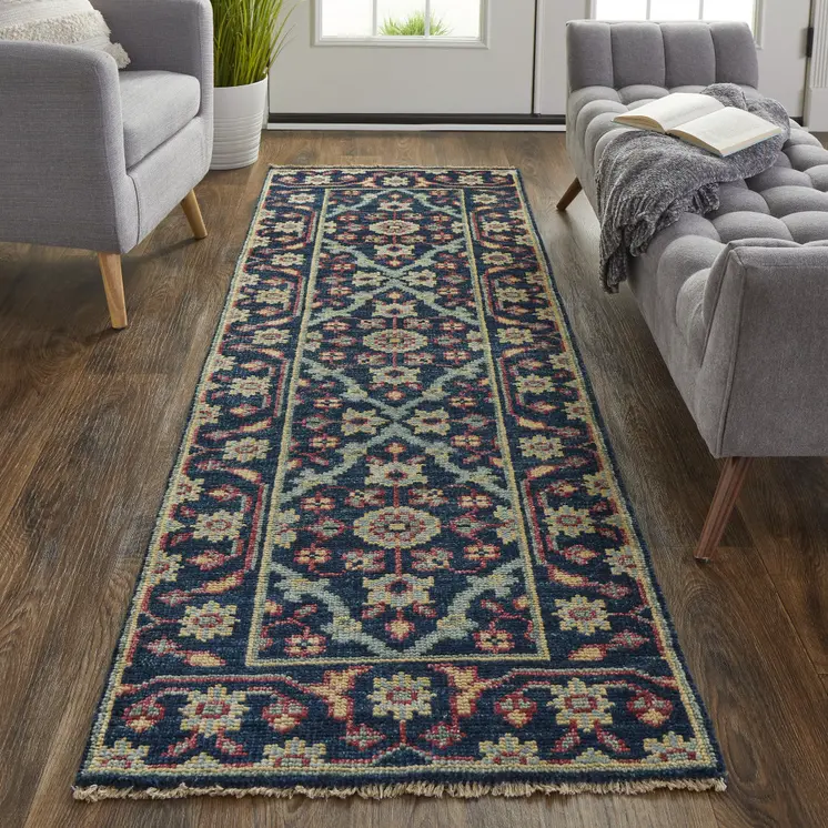 8' Blue and Green Wool Floral Hand Knotted Distressed Runner Rug With Fringe