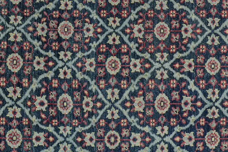 8' Blue and Green Wool Floral Hand Knotted Distressed Runner Rug With Fringe