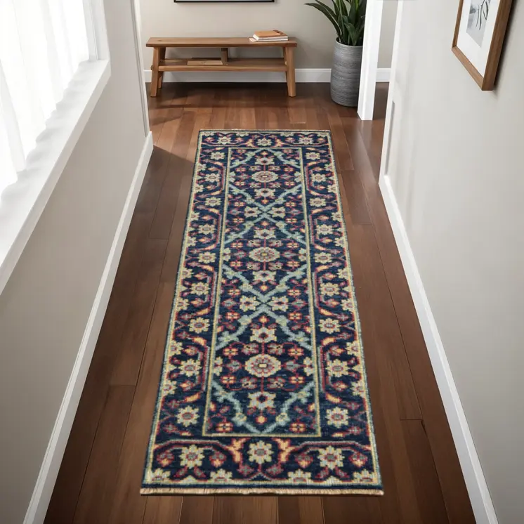 8' Blue and Green Wool Floral Hand Knotted Distressed Runner Rug With Fringe