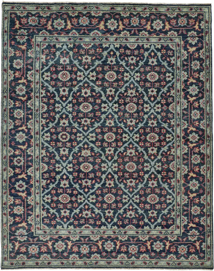 2' X 3' Blue and Green Wool Floral Hand Knotted Distressed Area Rug With Fringe
