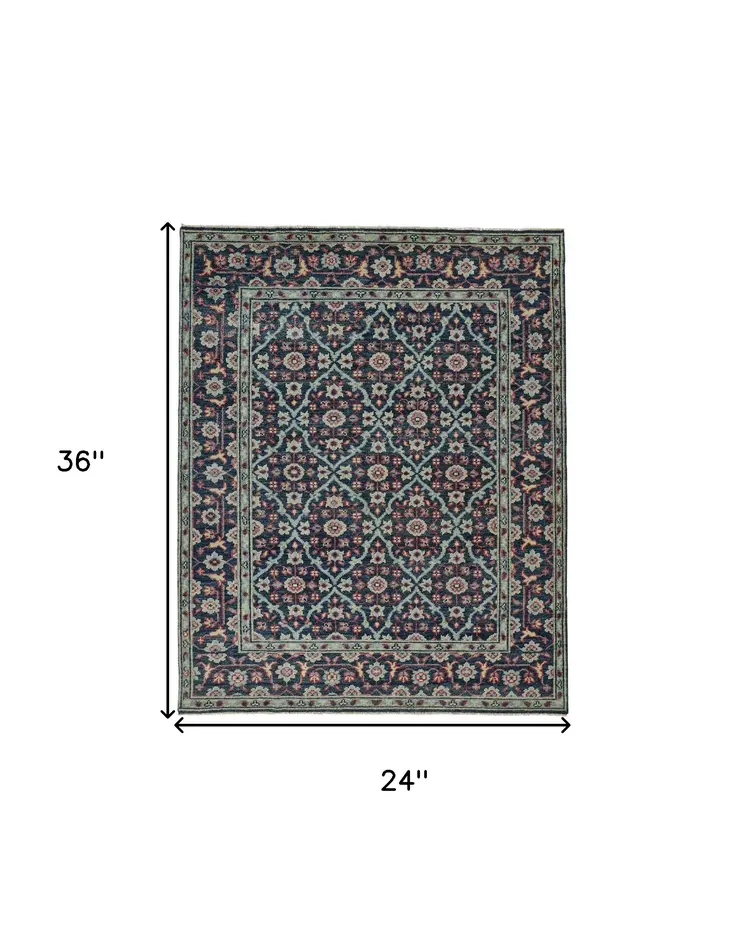 2' X 3' Blue and Green Wool Floral Hand Knotted Distressed Area Rug With Fringe