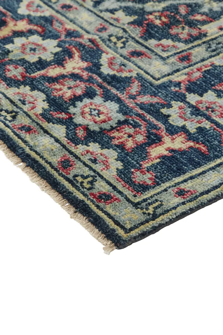 2' X 3' Blue and Green Wool Floral Hand Knotted Distressed Area Rug With Fringe