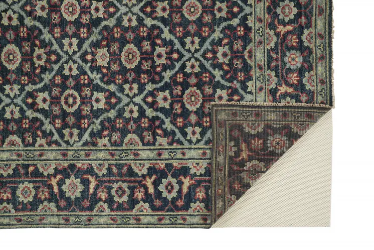 2' X 3' Blue and Green Wool Floral Hand Knotted Distressed Area Rug With Fringe