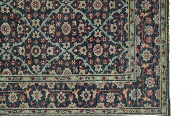 2' X 3' Blue and Green Wool Floral Hand Knotted Distressed Area Rug With Fringe