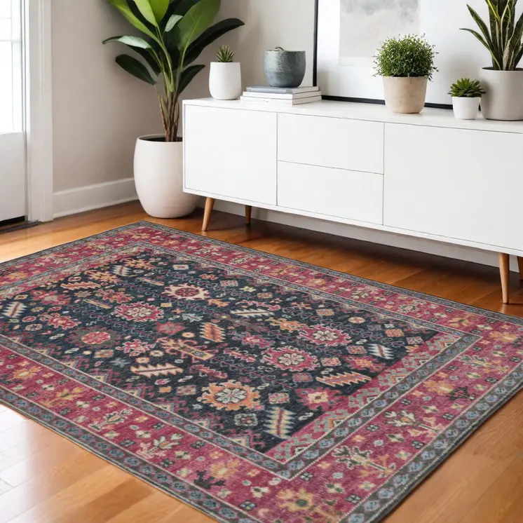 4' X 6' Dark Pink and Blue Wool Tribal Hand Knotted Distressed Area Rug With Fringe