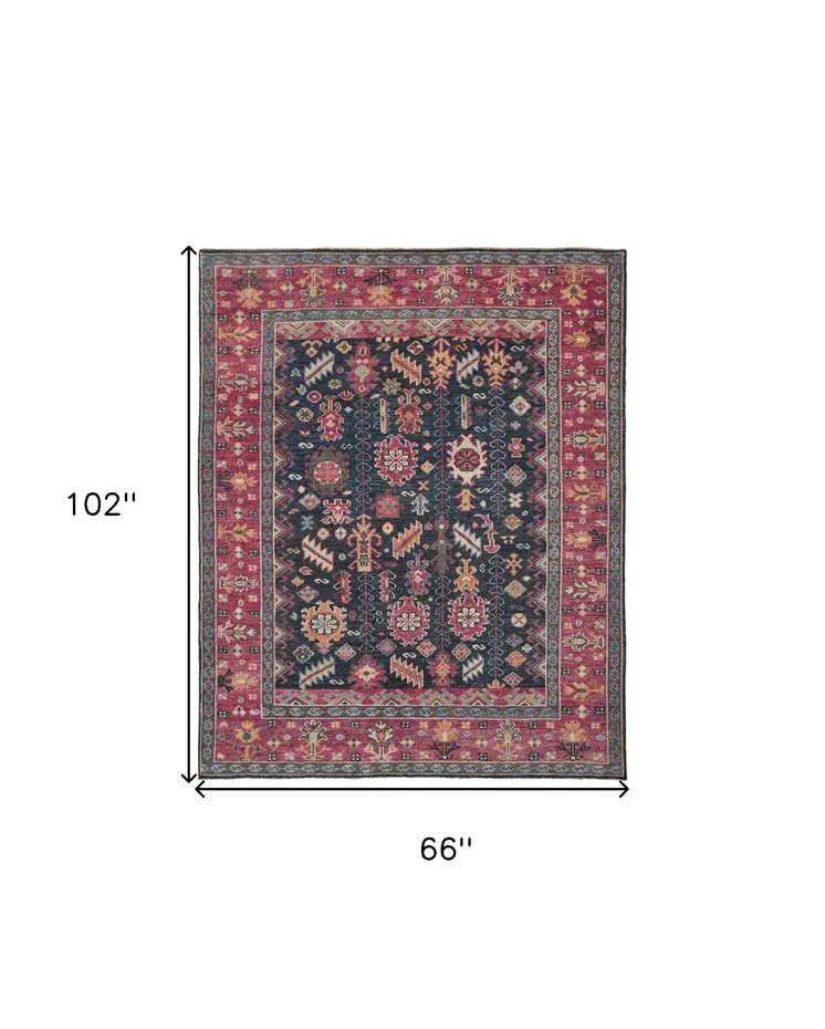 5' X 8' Pink Blue And Orange Wool Floral Hand Knotted Distressed Stain Resistant Area Rug With Fringe