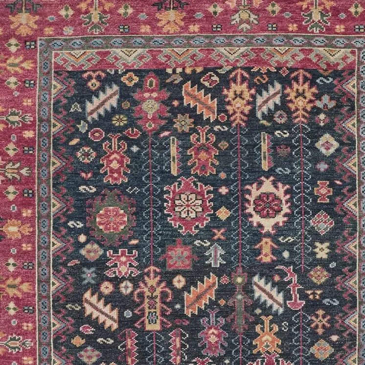 5' X 8' Pink Blue And Orange Wool Floral Hand Knotted Distressed Stain Resistant Area Rug With Fringe