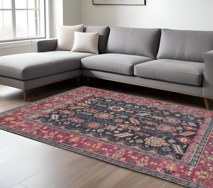 8' X 10' Pink Blue And Orange Wool Floral Hand Knotted Distressed Stain Resistant Area Rug With Fringe