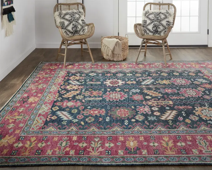 8' X 10' Pink Blue And Orange Wool Floral Hand Knotted Distressed Stain Resistant Area Rug With Fringe