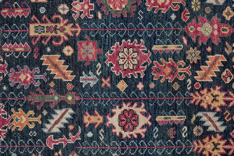 8' X 10' Pink Blue And Orange Wool Floral Hand Knotted Distressed Stain Resistant Area Rug With Fringe