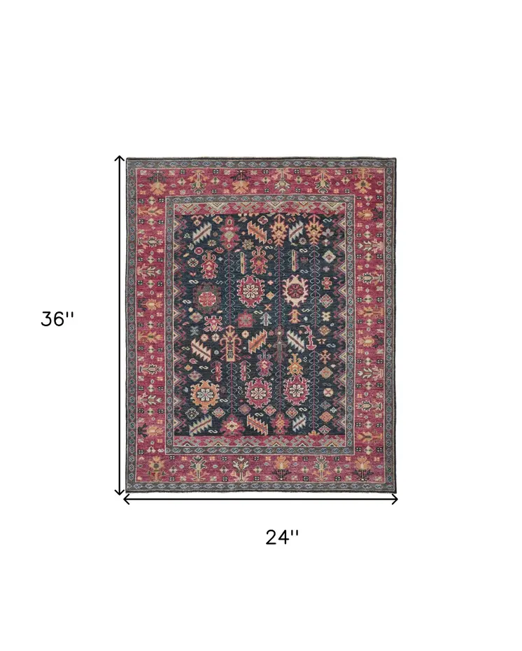 2' X 3' Pink Blue And Orange Wool Floral Hand Knotted Distressed Stain Resistant Area Rug With Fringe