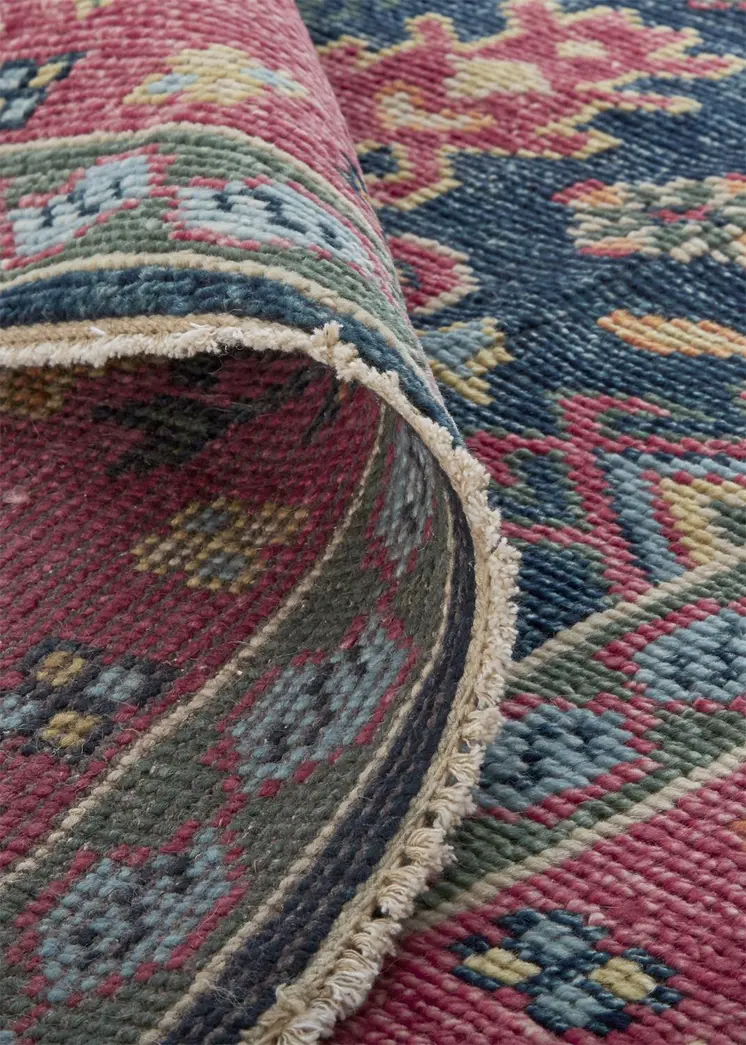 2' X 3' Pink Blue And Orange Wool Floral Hand Knotted Distressed Stain Resistant Area Rug With Fringe