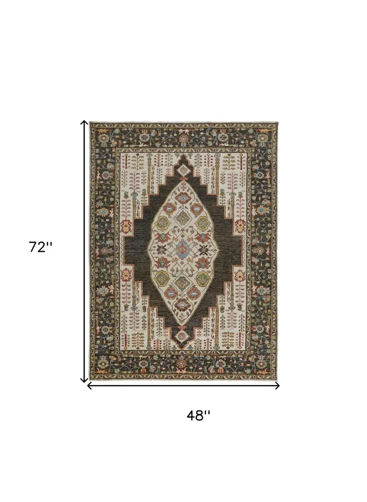 4' X 6' Green and Ivory Wool Floral Hand Knotted Distressed Area Rug With Fringe