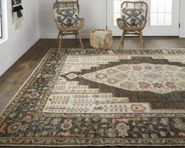 5' X 8' Brown Yellow And Green Wool Floral Hand Knotted Distressed Stain Resistant Area Rug With Fringe