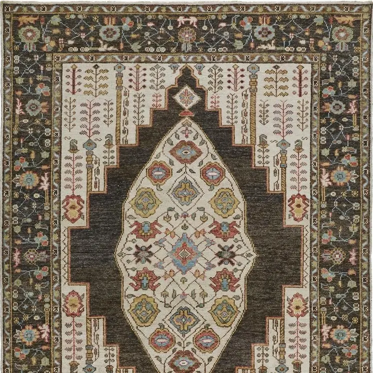 5' X 8' Brown Yellow And Green Wool Floral Hand Knotted Distressed Stain Resistant Area Rug With Fringe