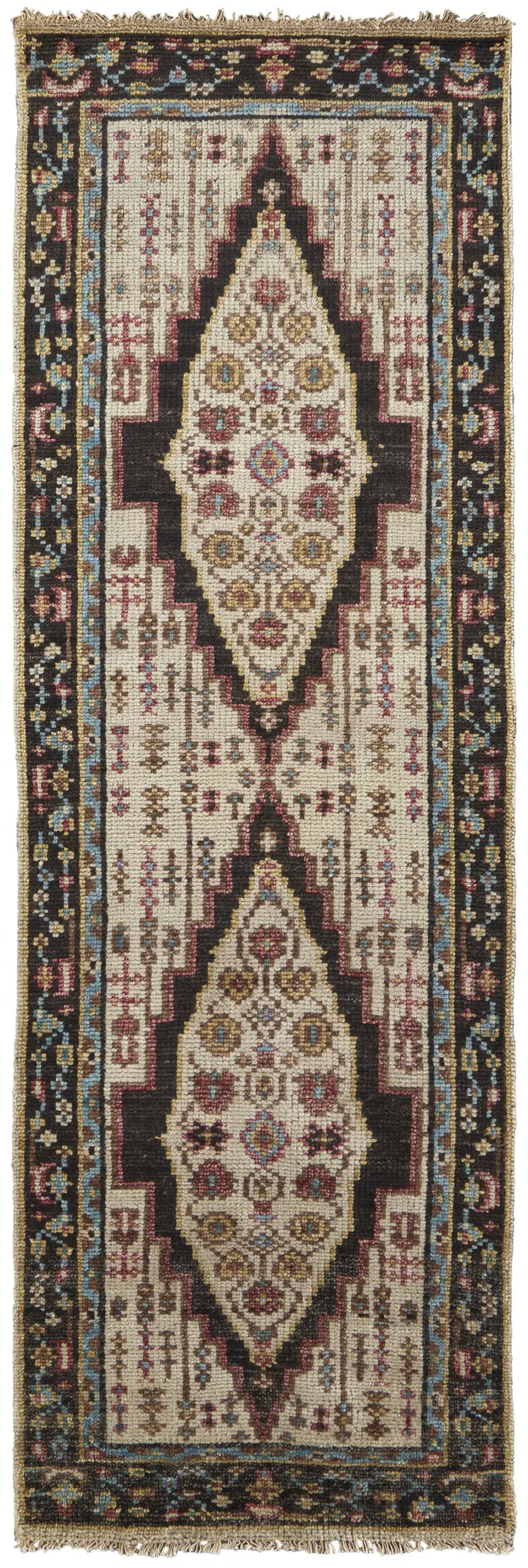 8' Green and Ivory Wool Floral Hand Knotted Distressed Runner Rug With Fringe