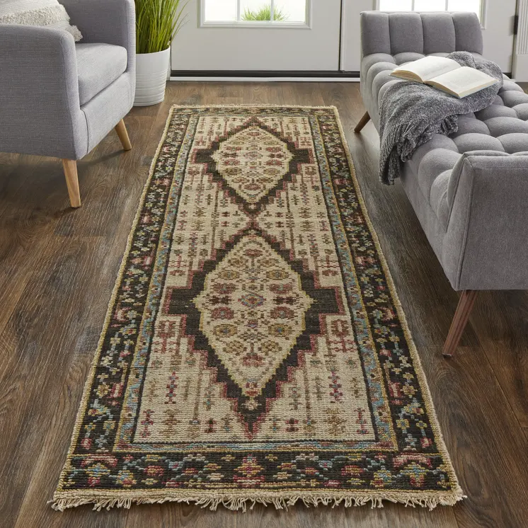 8' Green and Ivory Wool Floral Hand Knotted Distressed Runner Rug With Fringe