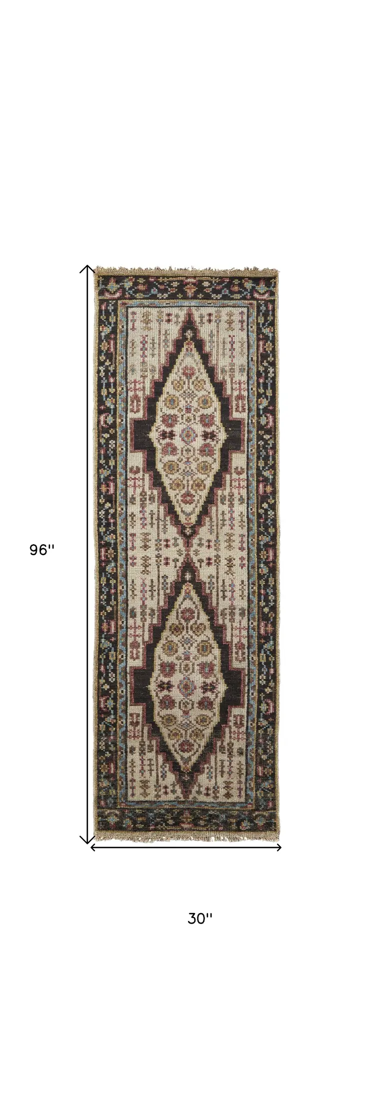 8' Green and Ivory Wool Floral Hand Knotted Distressed Runner Rug With Fringe
