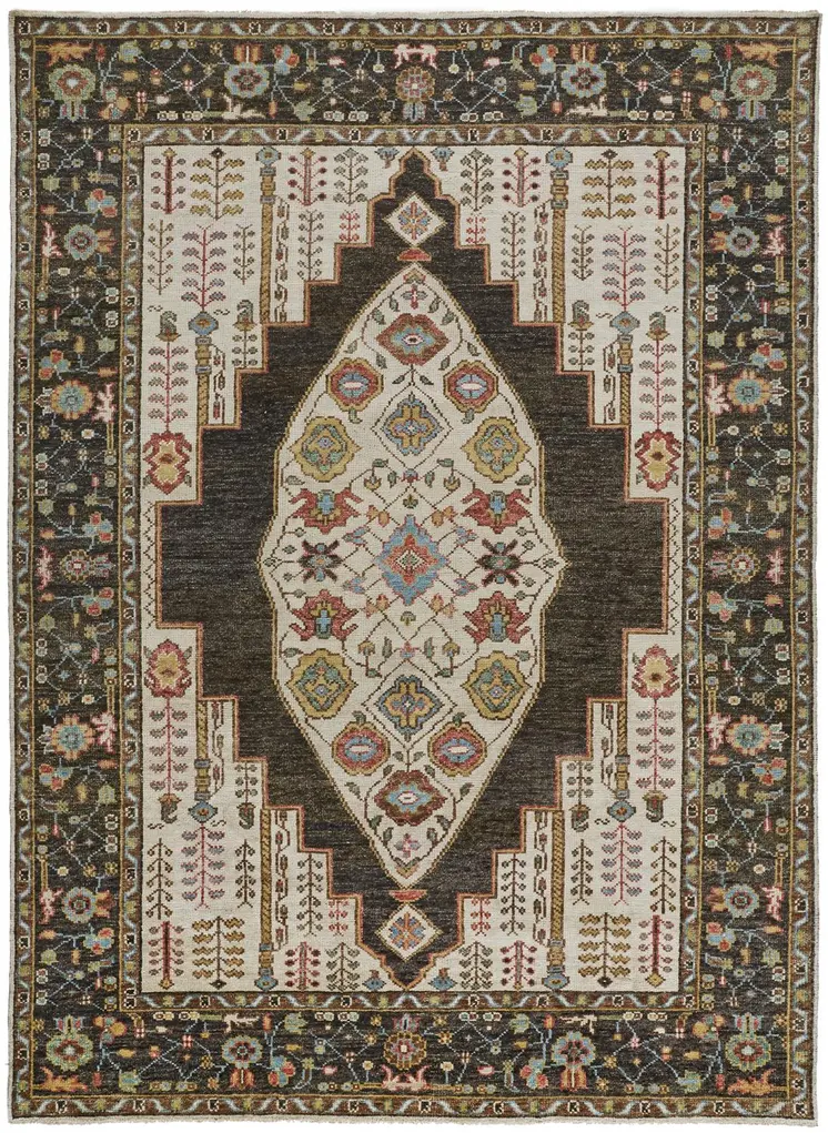 2' X 3' Green and Ivory Wool Floral Hand Knotted Distressed Area Rug With Fringe