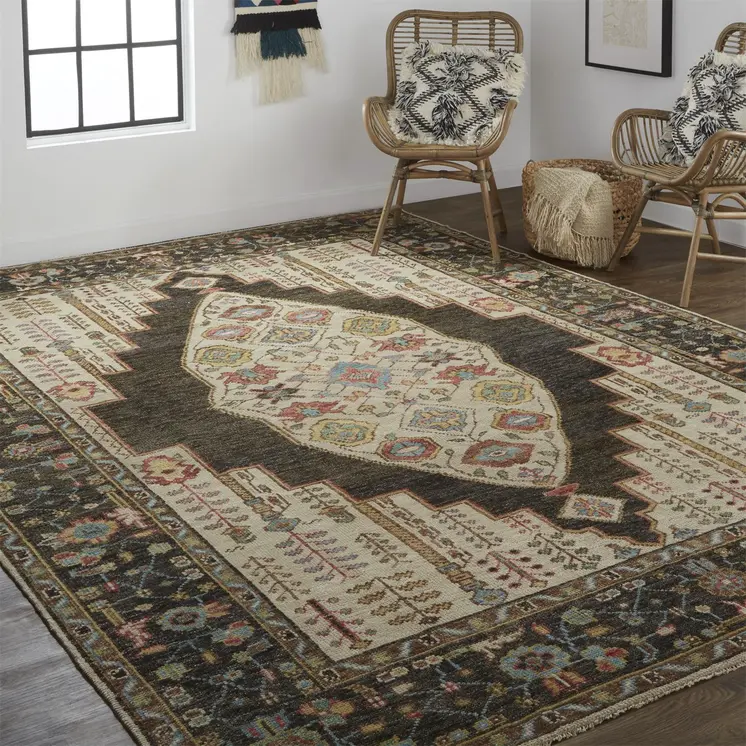2' X 3' Green and Ivory Wool Floral Hand Knotted Distressed Area Rug With Fringe