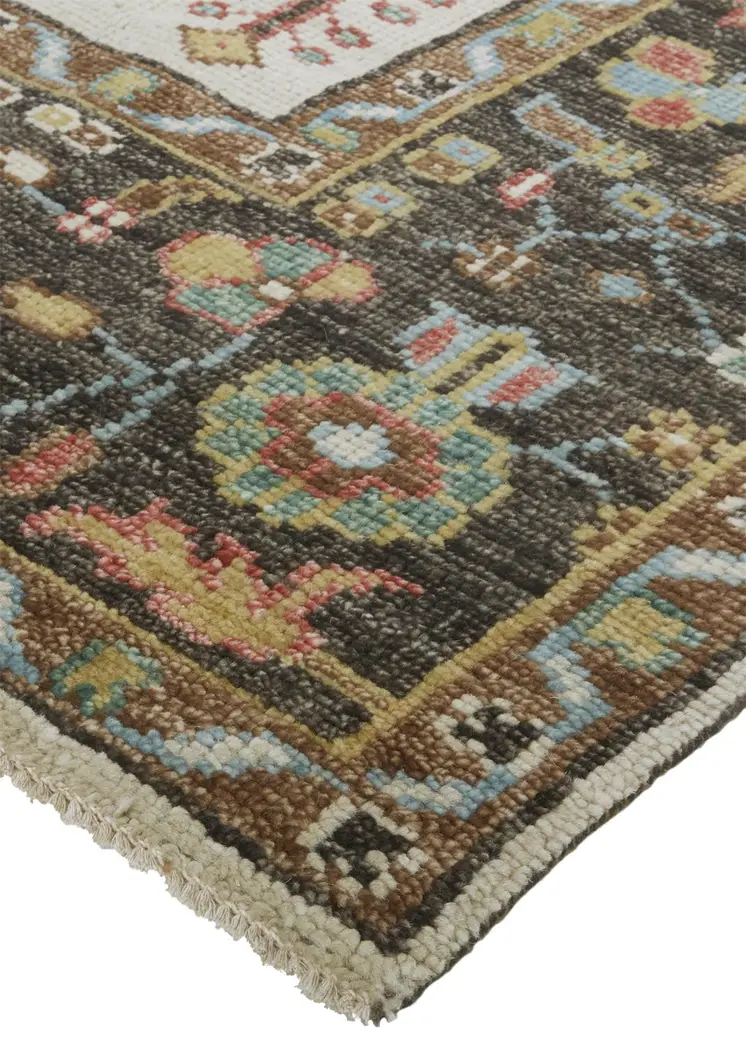 2' X 3' Green and Ivory Wool Floral Hand Knotted Distressed Area Rug With Fringe