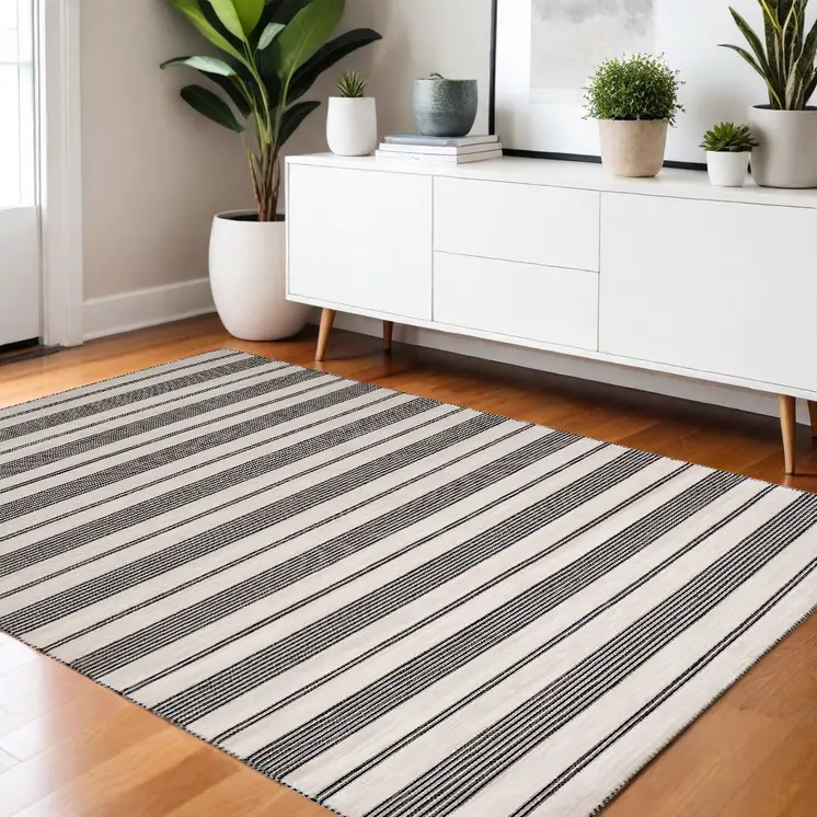 4' X 6' Black And White Striped Hand Woven Area Rug