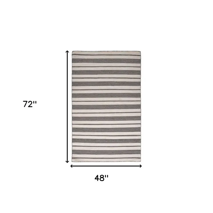 4' X 6' Black And White Striped Hand Woven Area Rug