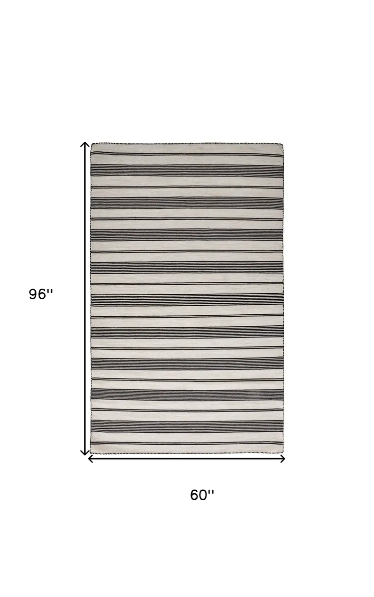 5' X 8' Black And White Striped Dhurrie Hand Woven Stain Resistant Area Rug