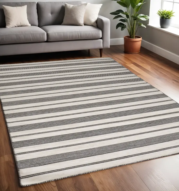 5' X 8' Black And White Striped Dhurrie Hand Woven Stain Resistant Area Rug