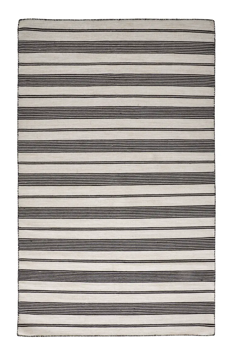 8' X 11' Black And White Striped Dhurrie Hand Woven Stain Resistant Area Rug