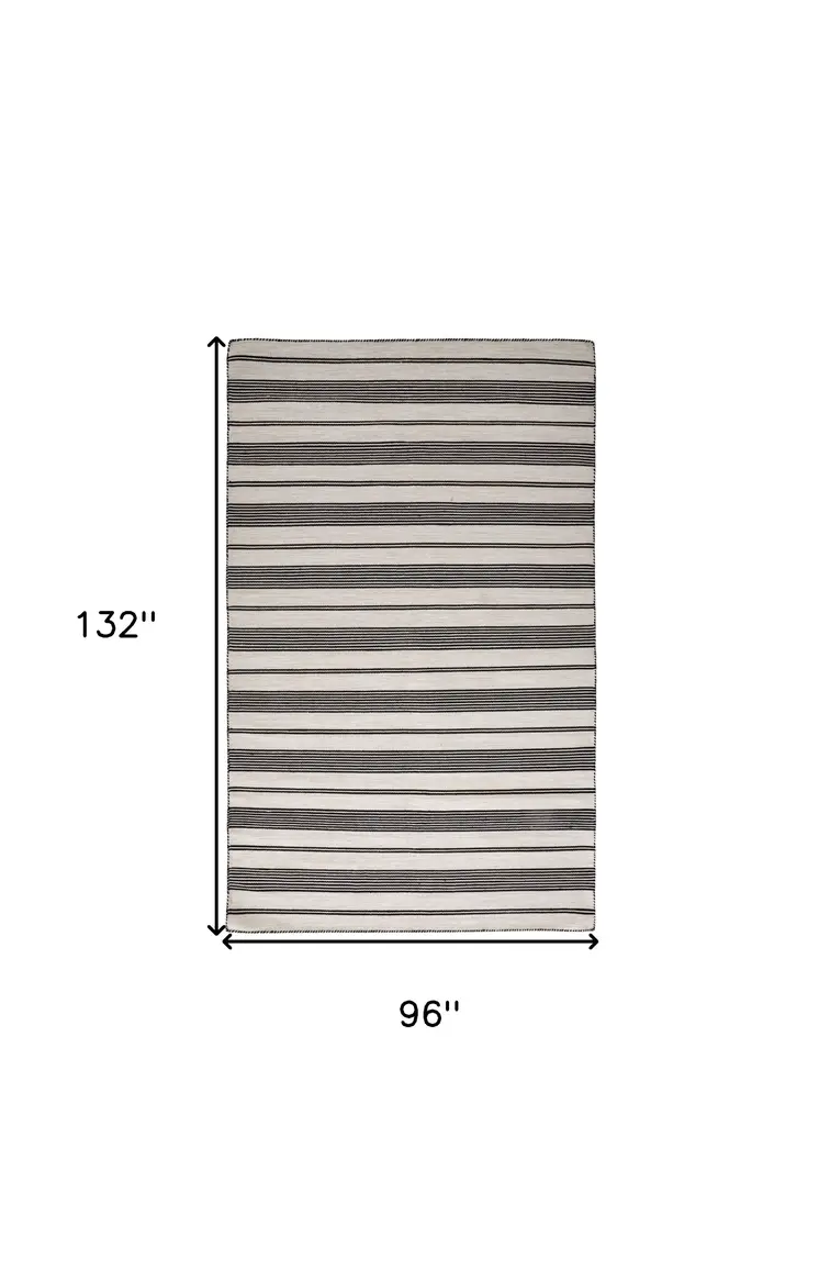 8' X 11' Black And White Striped Dhurrie Hand Woven Stain Resistant Area Rug